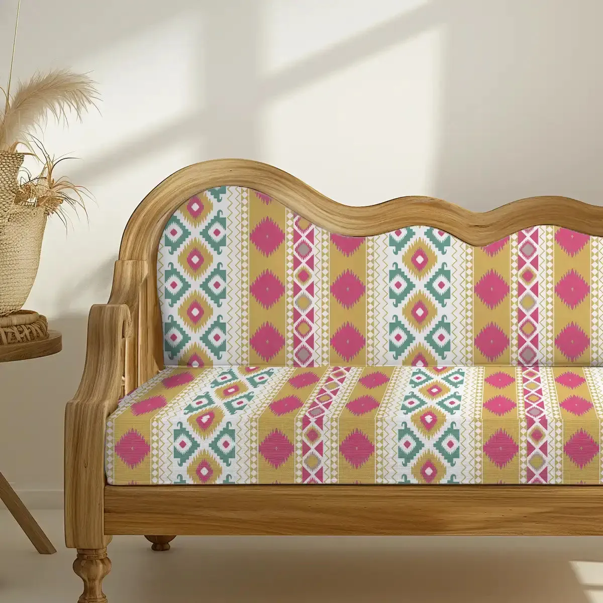 Ikkat Geometric Pattern Sofa and Chair Upholstery Fabric in Pink & Green