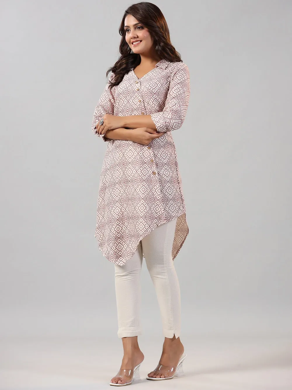 Juniper Off-White Geometric Printed Asymmetric Kurta.