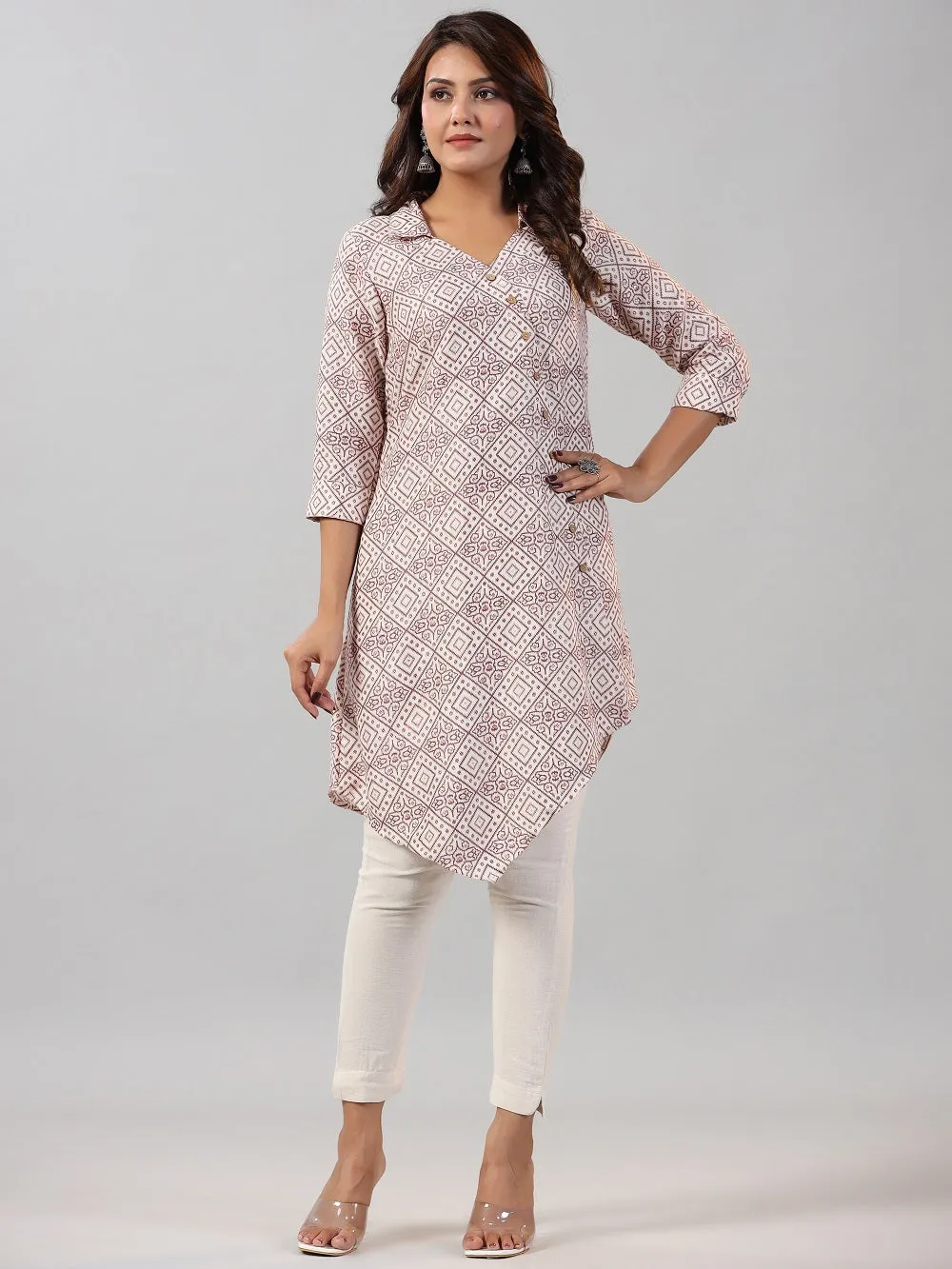 Juniper Off-White Geometric Printed Asymmetric Kurta.