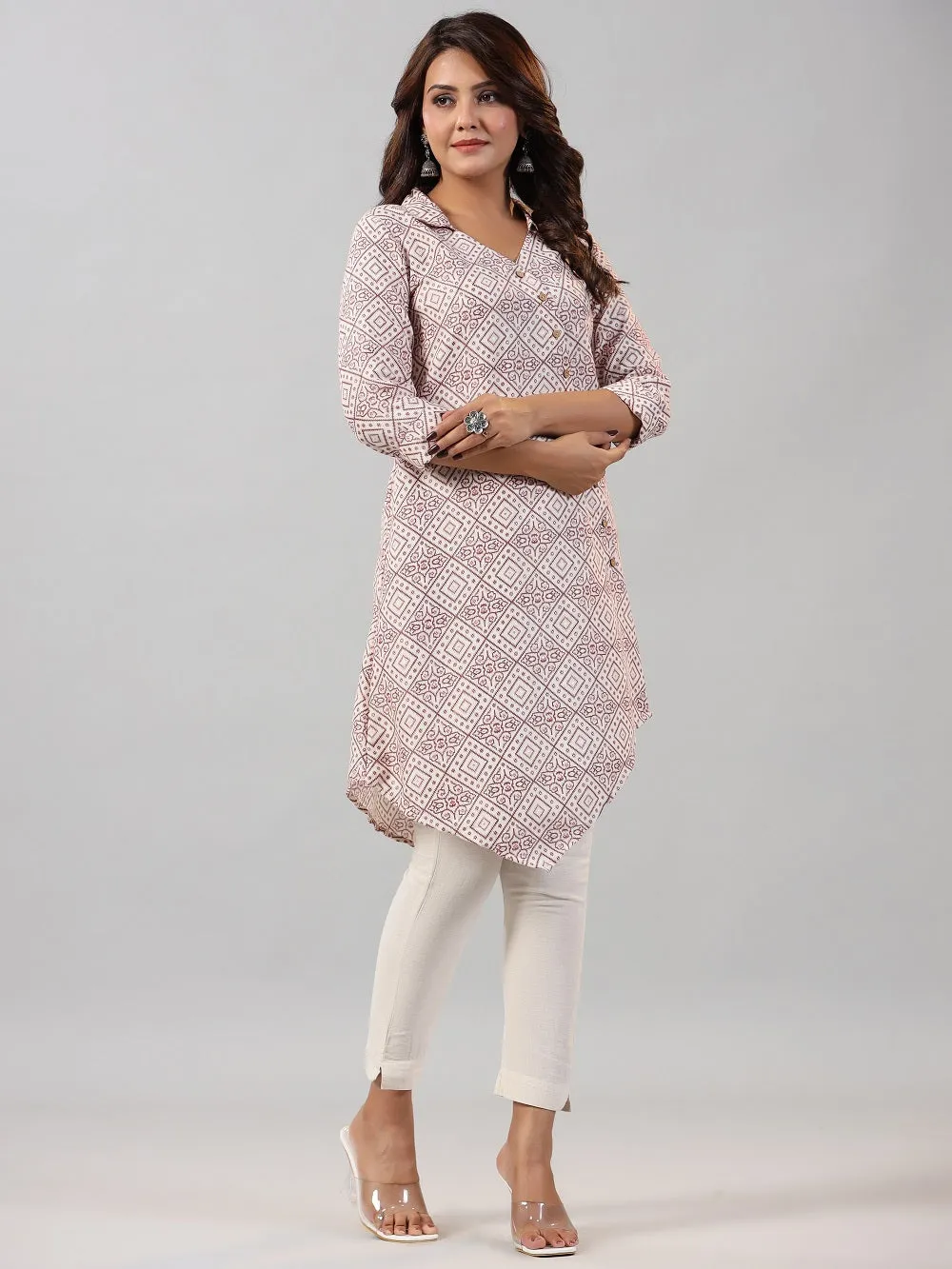 Juniper Off-White Geometric Printed Asymmetric Kurta.