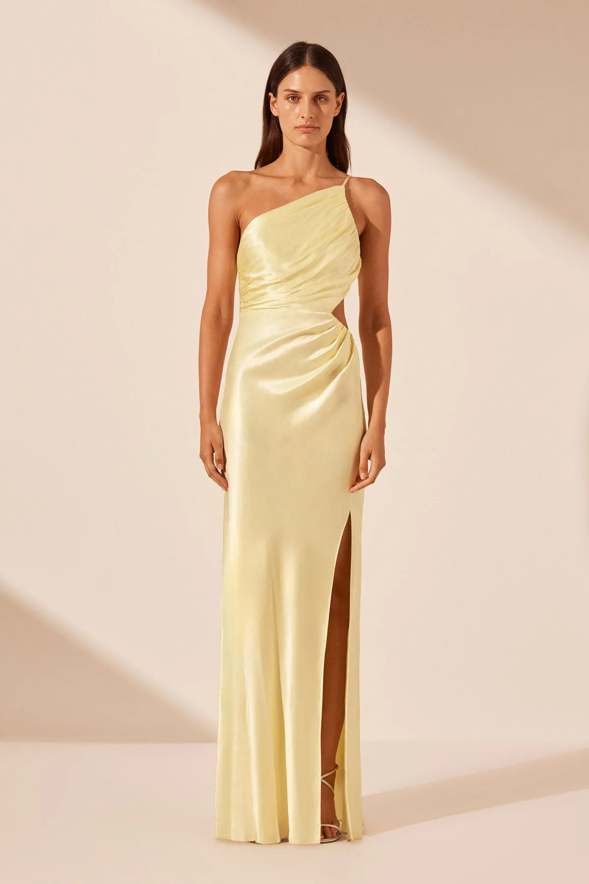 LA LUNE ASYMMETRICAL GATHERED MAXI DRESS - LEMON