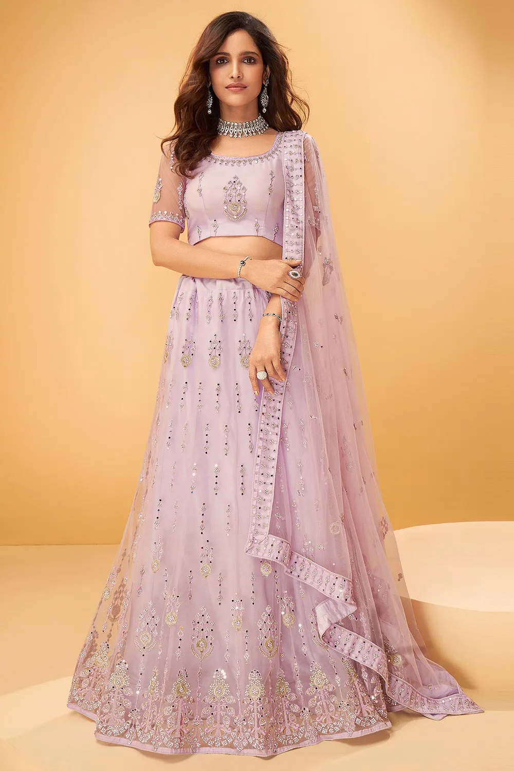 Lavender Pink Mirror Work Embroidered Wedding Lehenga