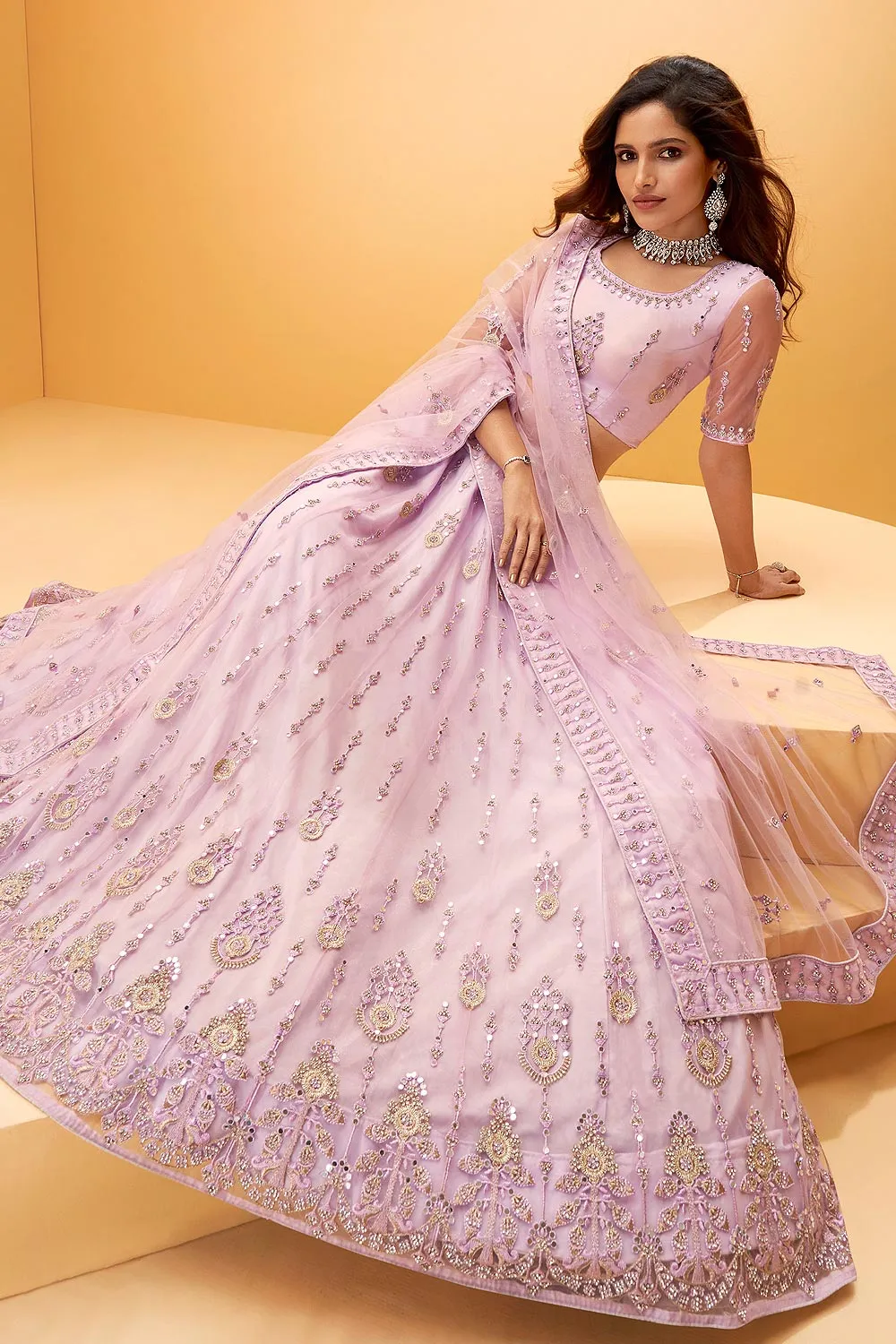 Lavender Pink Mirror Work Embroidered Wedding Lehenga