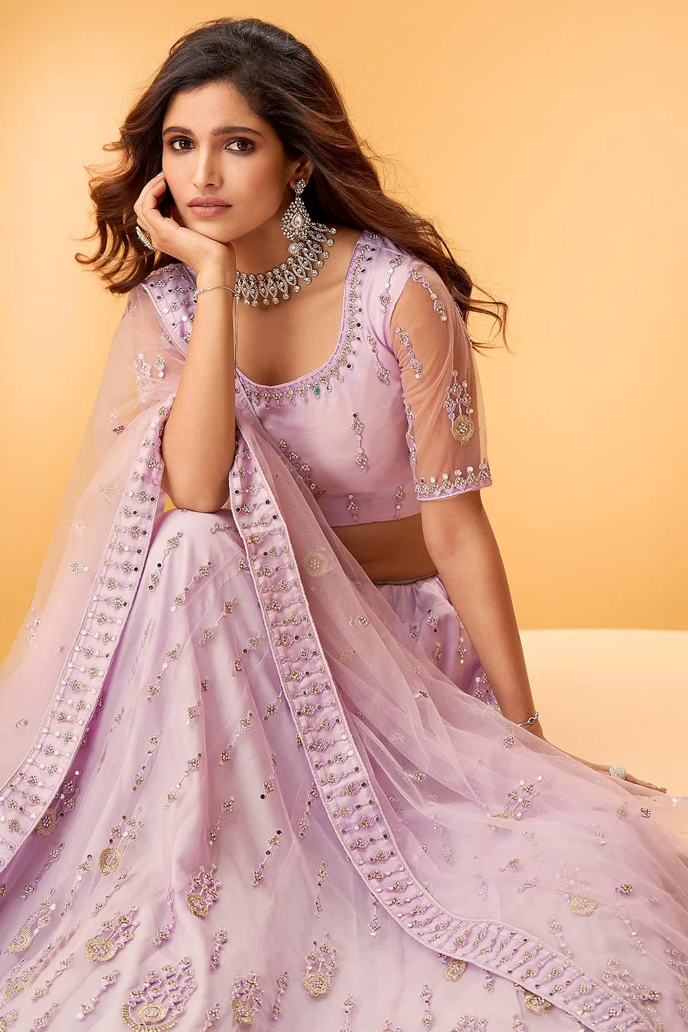 Lavender Pink Mirror Work Embroidered Wedding Lehenga