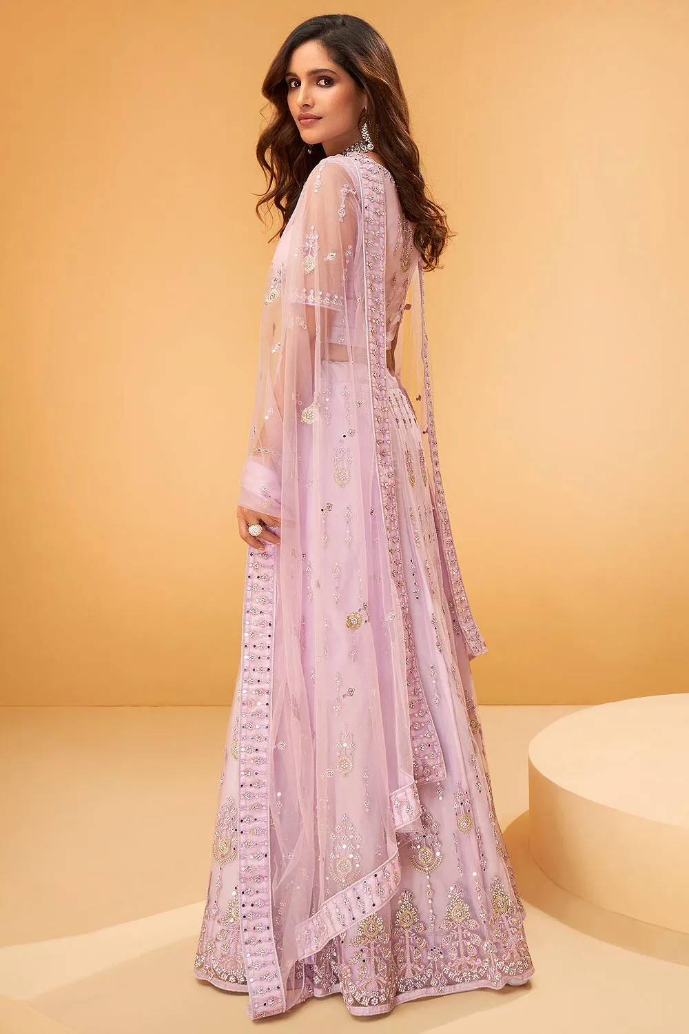 Lavender Pink Mirror Work Embroidered Wedding Lehenga