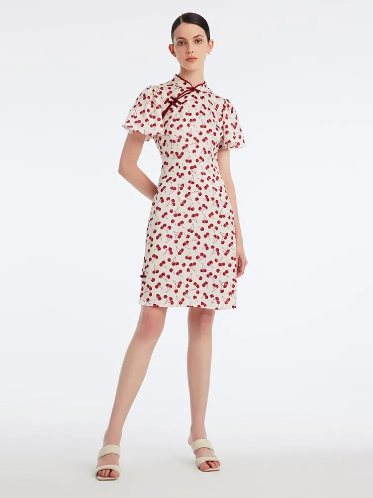 Mandarin Collar Cherry Print Cheongsam Qipao Midi Dress