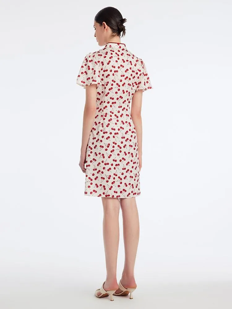 Mandarin Collar Cherry Print Cheongsam Qipao Midi Dress