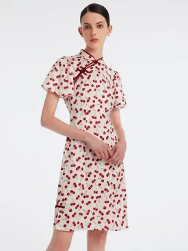 Mandarin Collar Cherry Print Cheongsam Qipao Midi Dress