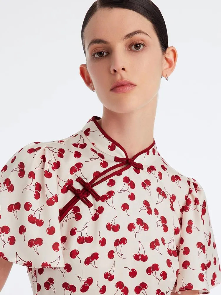 Mandarin Collar Cherry Print Cheongsam Qipao Midi Dress