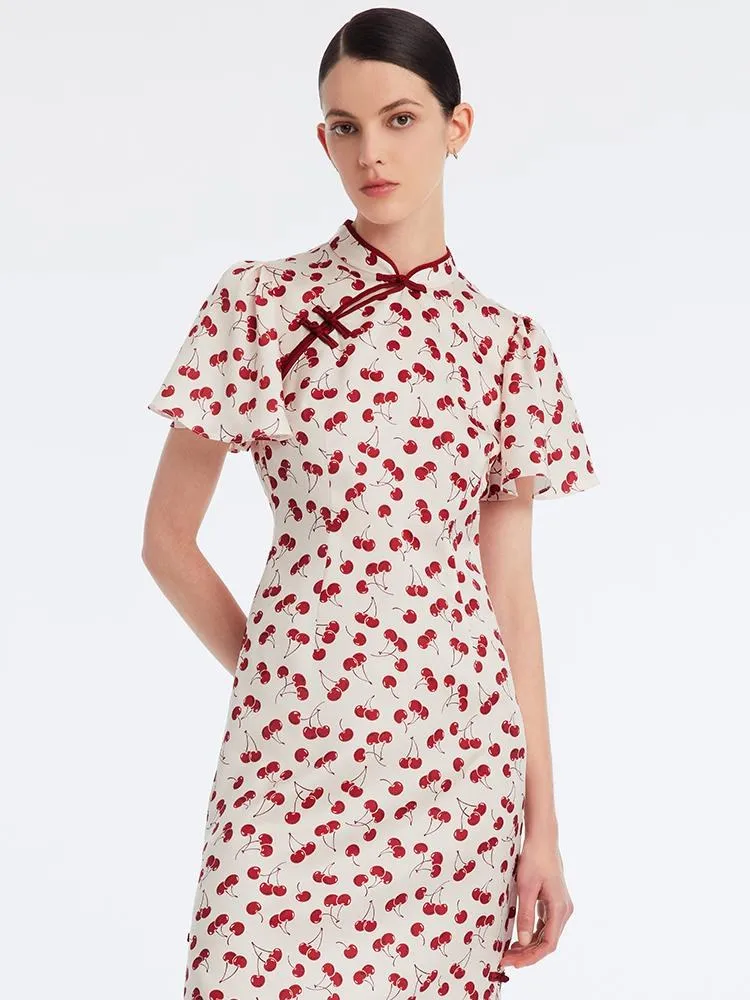 Mandarin Collar Cherry Print Cheongsam Qipao Midi Dress