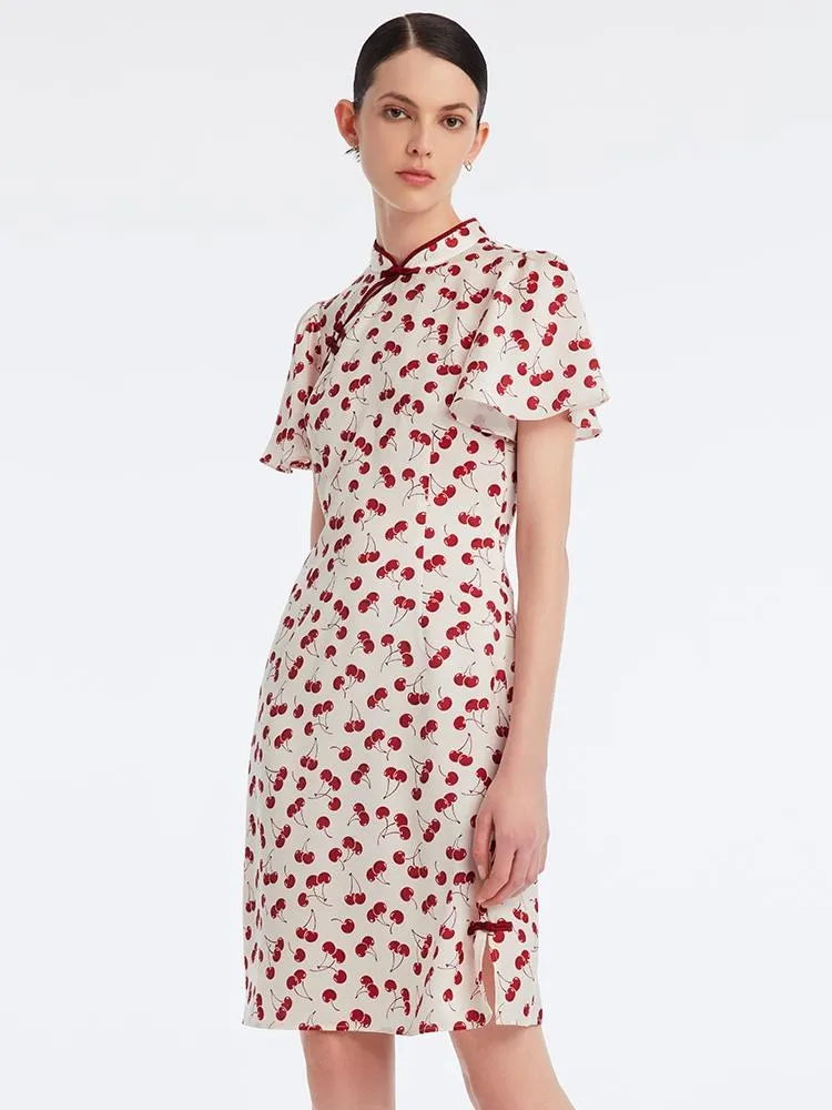 Mandarin Collar Cherry Print Cheongsam Qipao Midi Dress