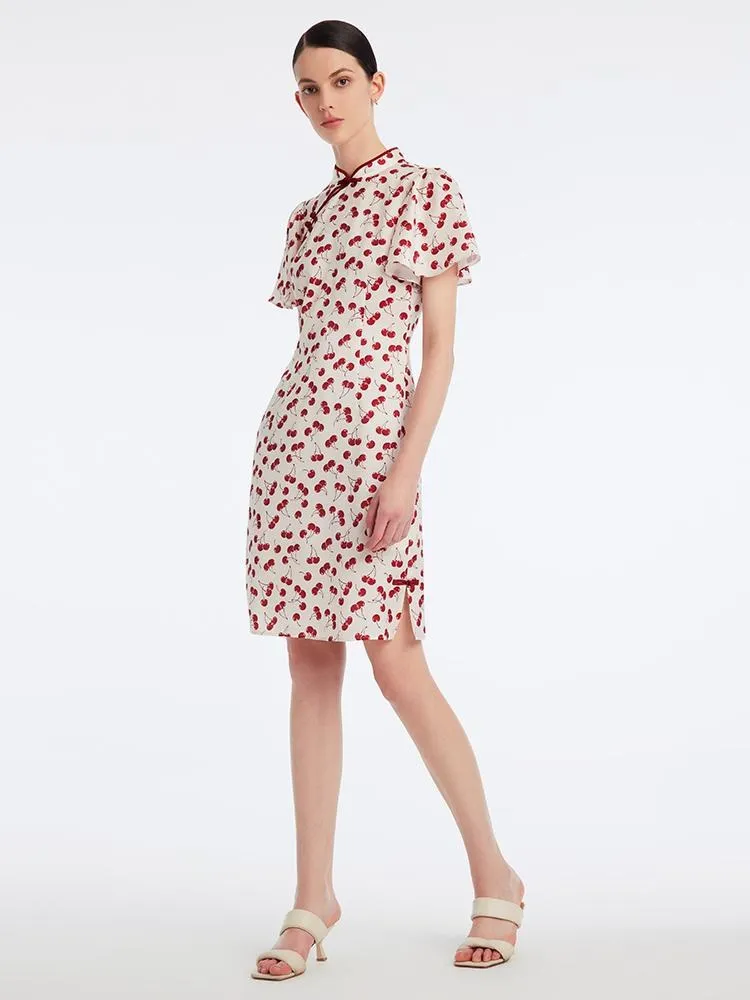 Mandarin Collar Cherry Print Cheongsam Qipao Midi Dress