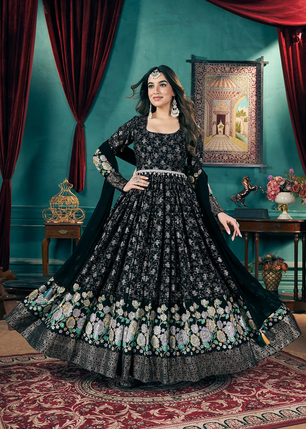 Metalic Foil Work Embroidered Wedding Festive Black Anarkali Gown