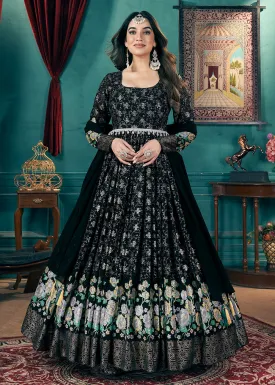 Metalic Foil Work Embroidered Wedding Festive Black Anarkali Gown