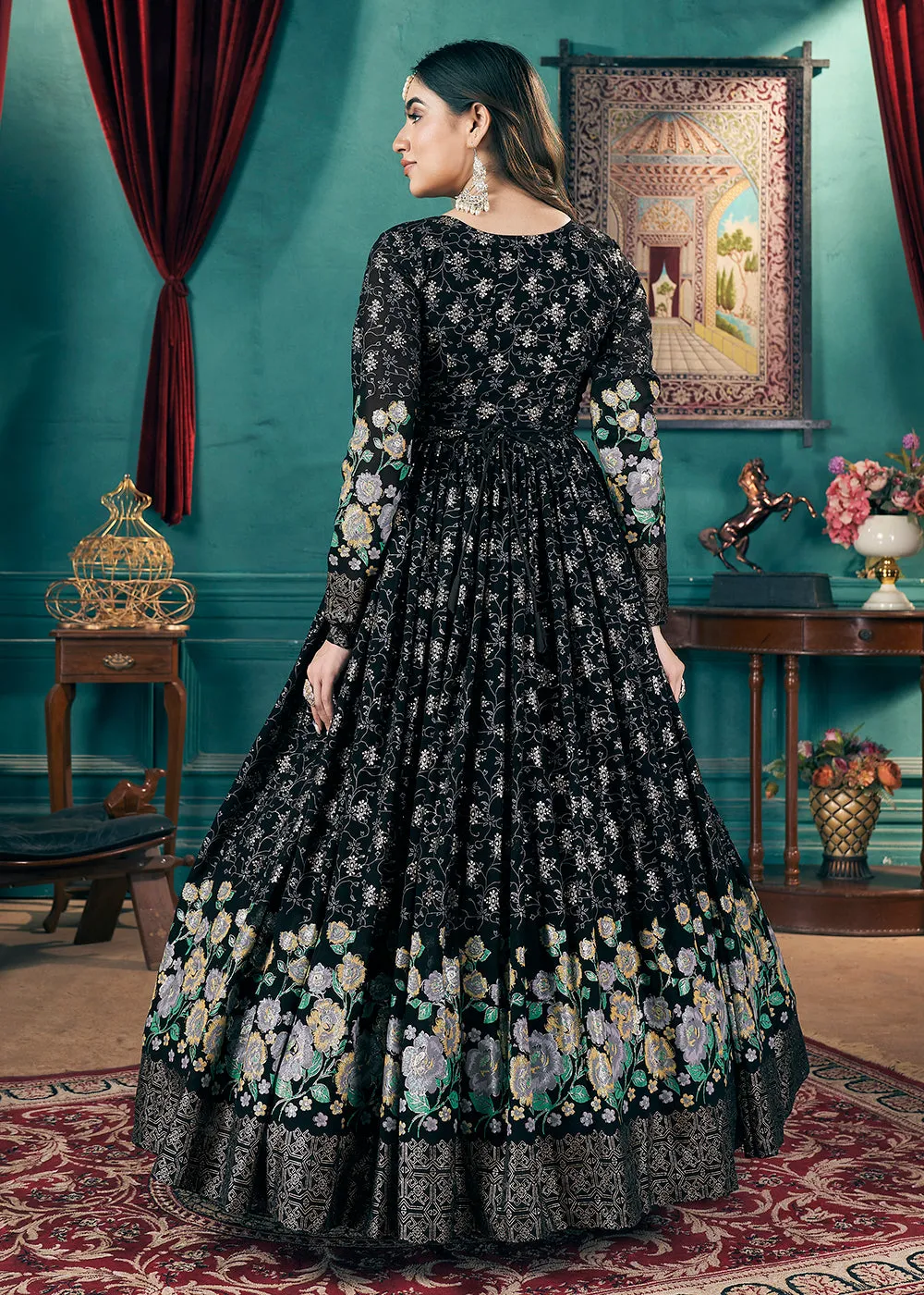 Metalic Foil Work Embroidered Wedding Festive Black Anarkali Gown