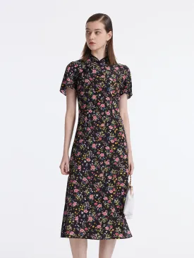 Mulberry Silk Slit Rose Printed Women Qipao Midi Dress