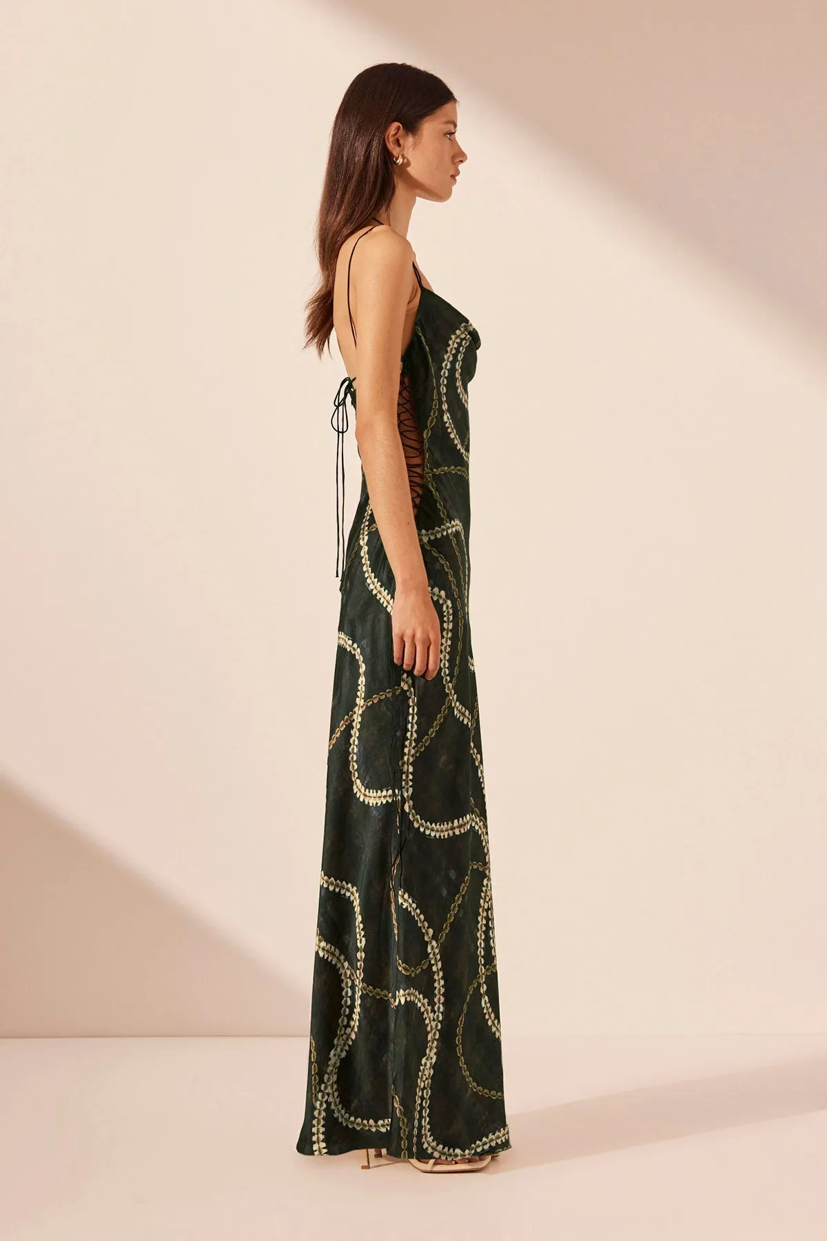 NOA SILK COWL NECK LACE UP MAXI DRESS