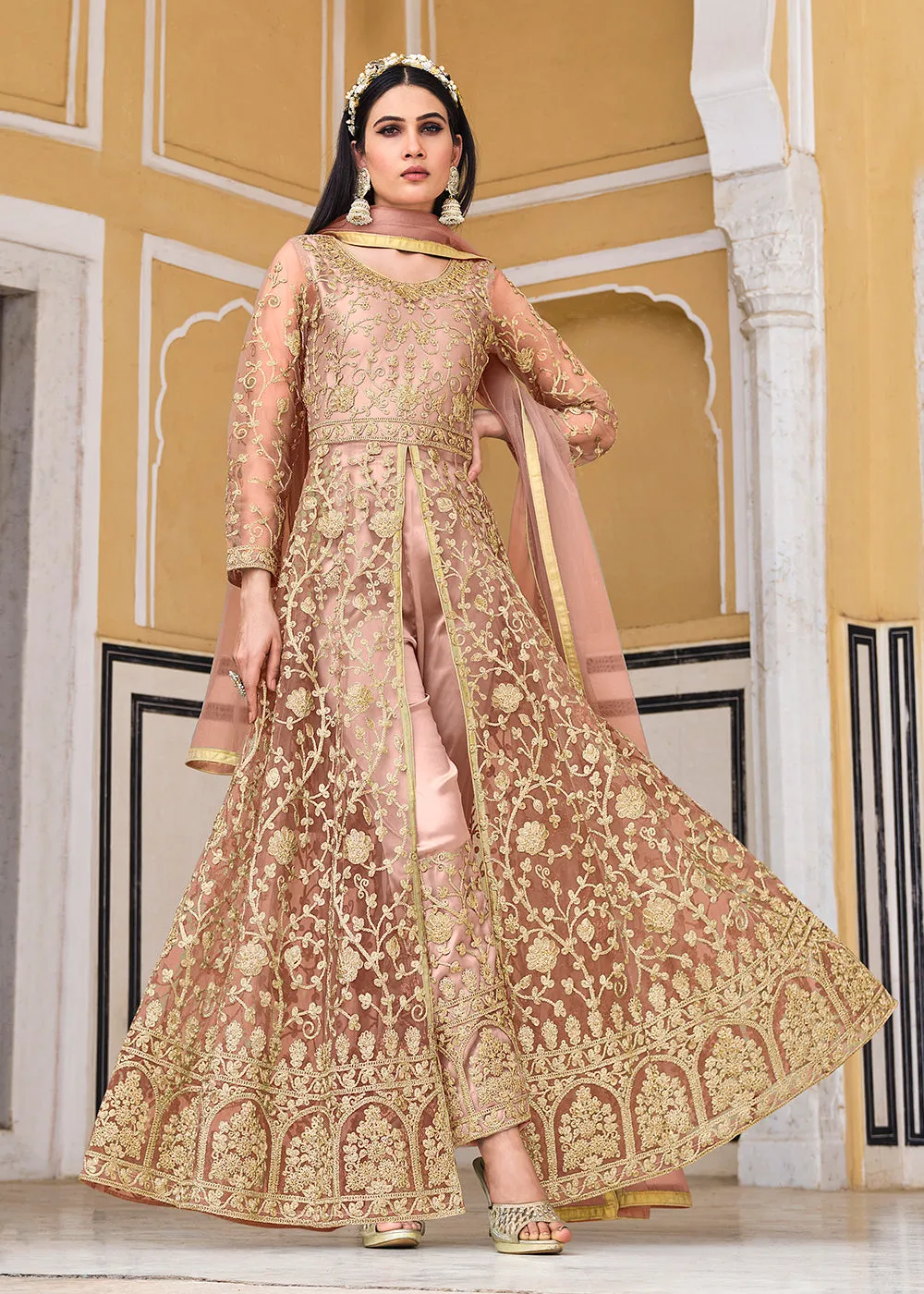 Peach Skirt & Pant Style Designer Anarkali Suit