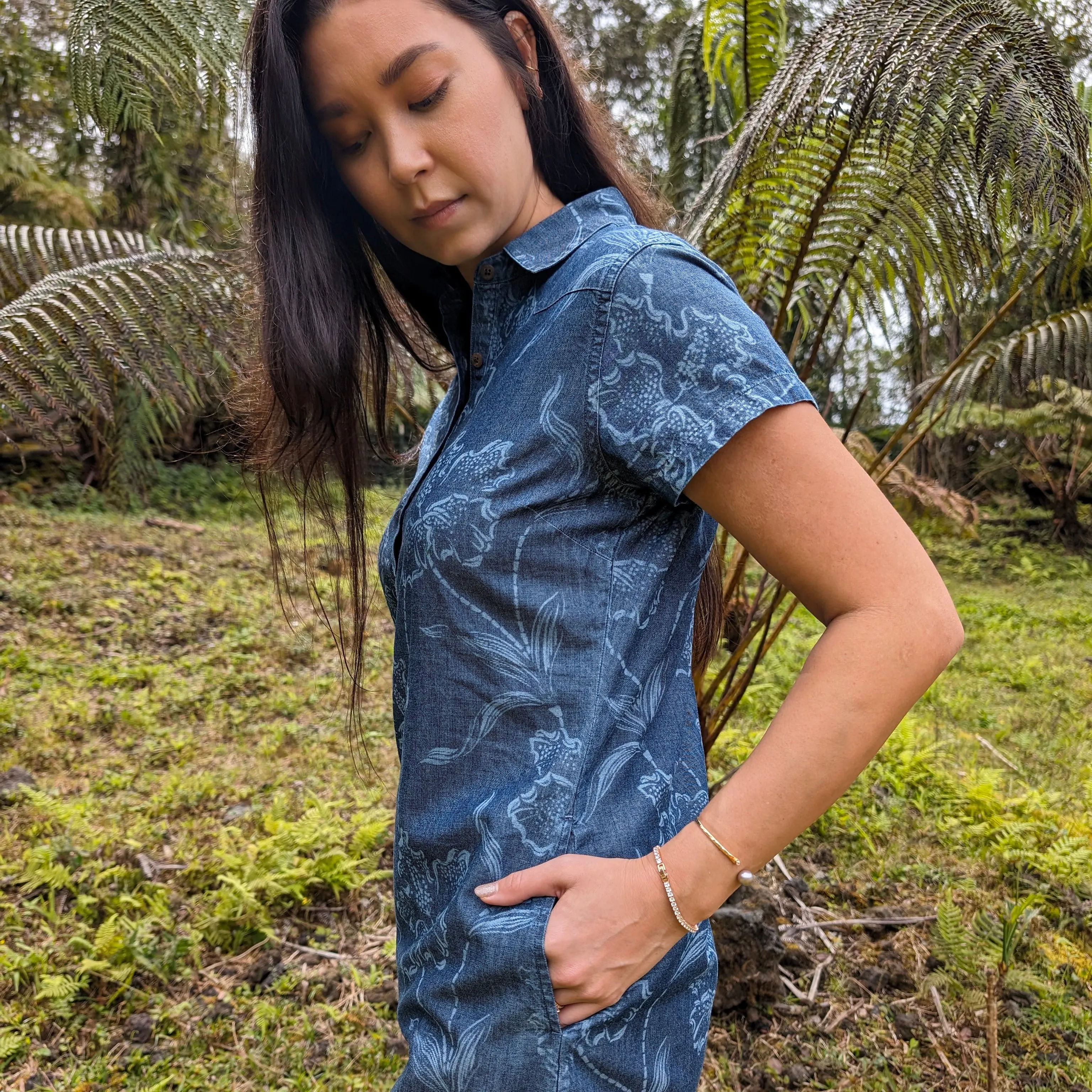 Placket Dress Indigo Denim Western Floral