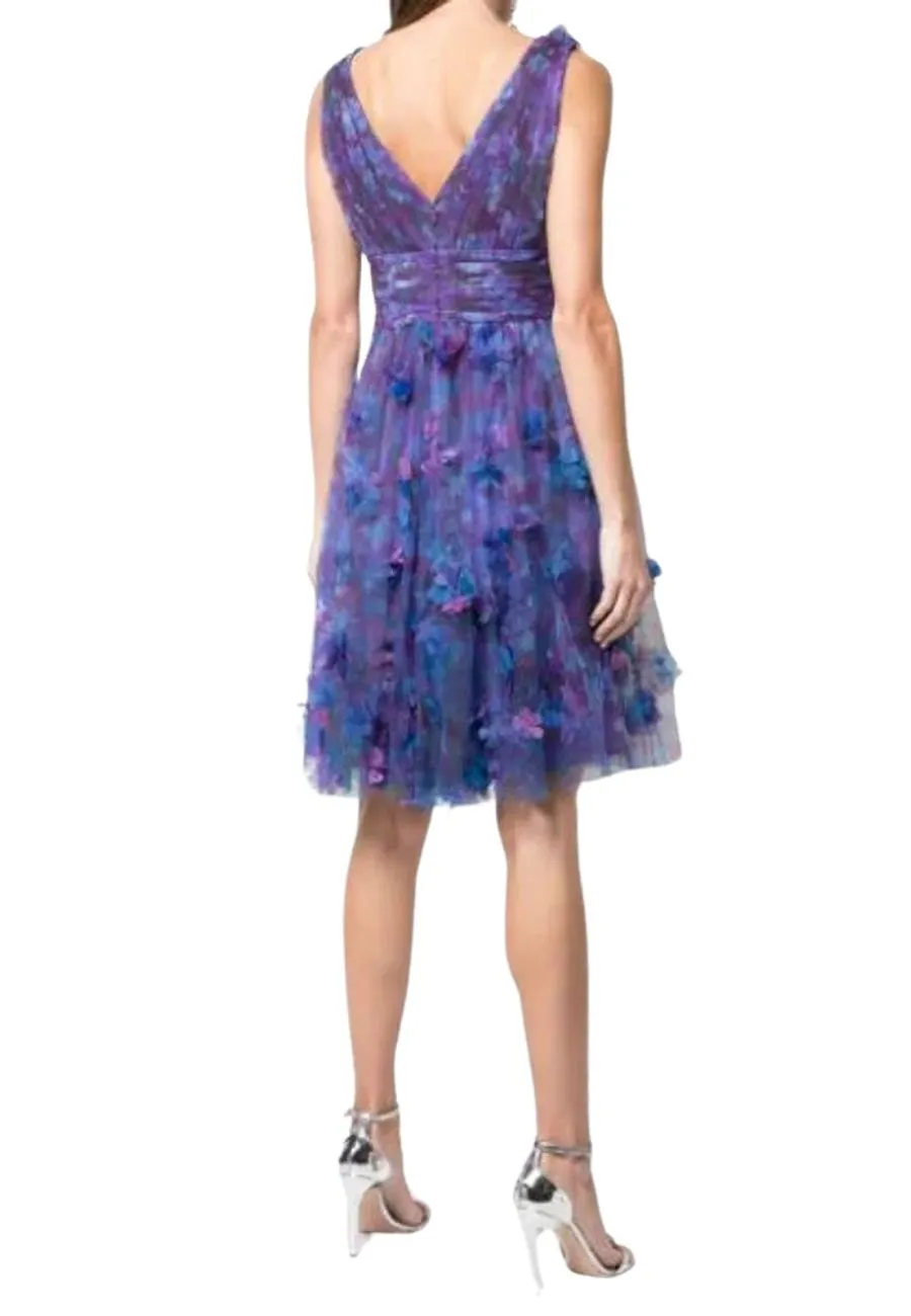 Purple & Blue Printed Tulle Plunging Mini Dress