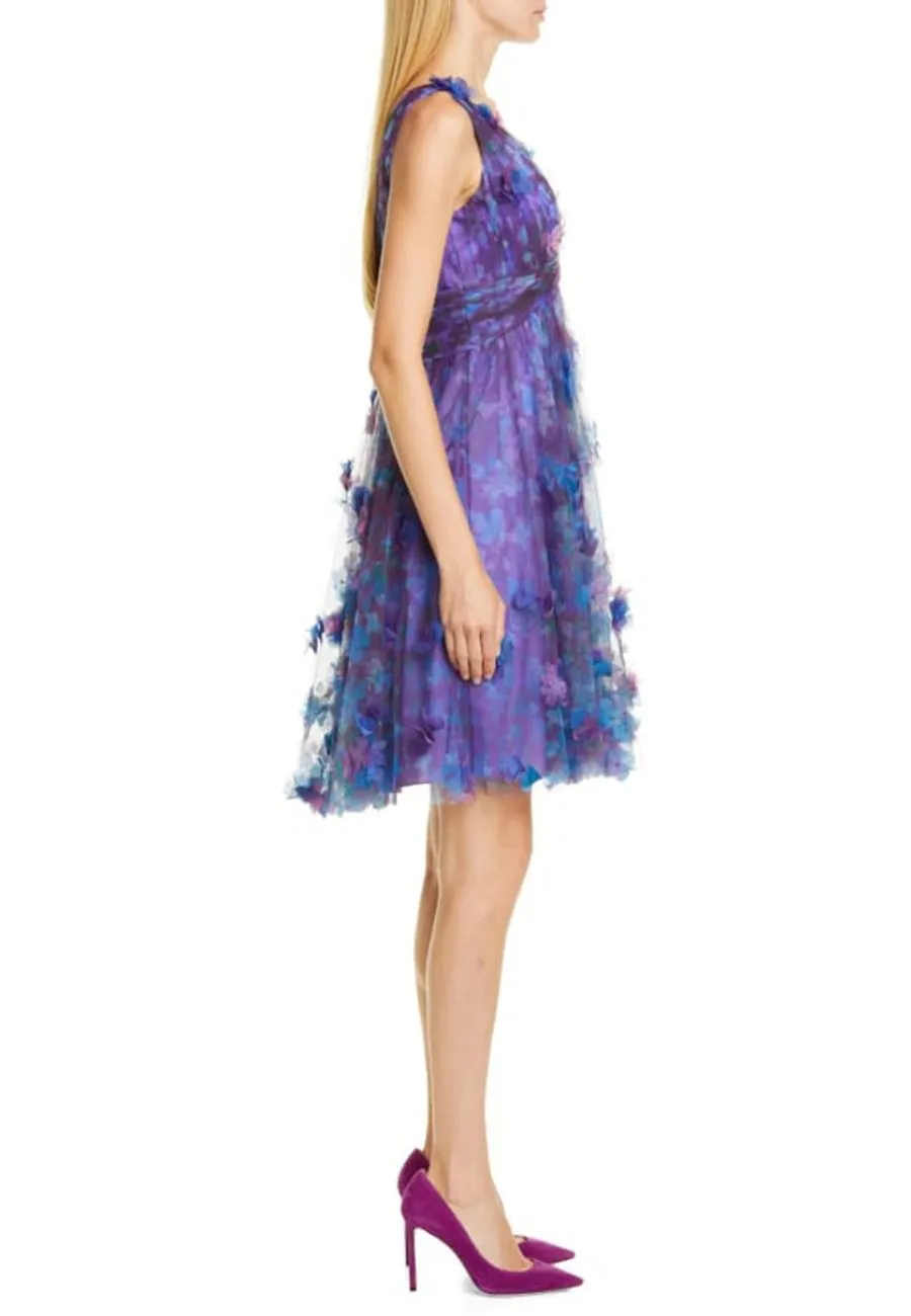 Purple & Blue Printed Tulle Plunging Mini Dress