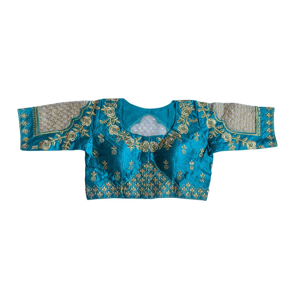 Readymade Saree Blouse with Scallop shaped net Embroidery  - Teal