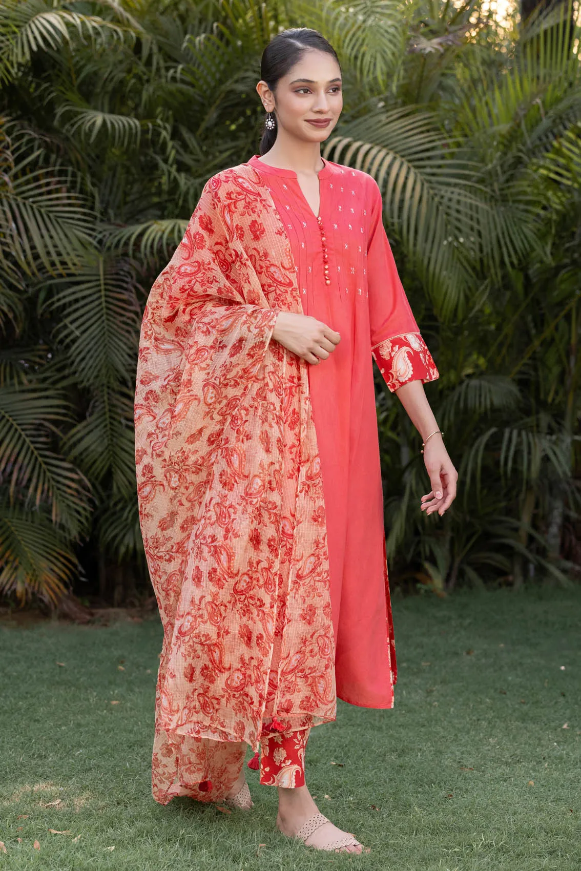 Red-Orange Embroidered Kurta