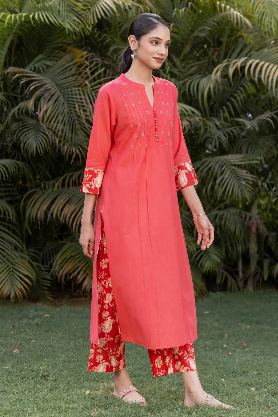 Red-Orange Embroidered Kurta