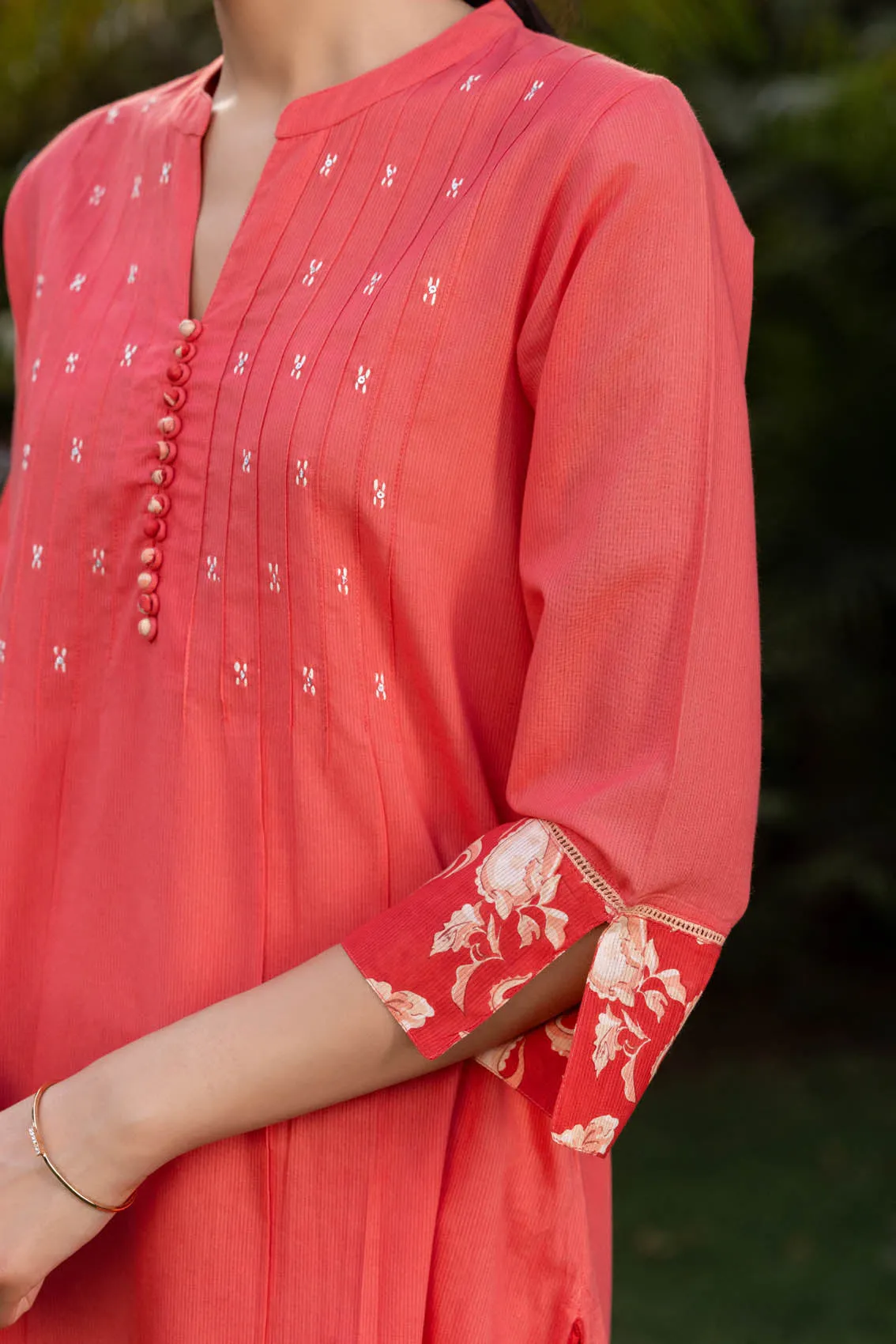 Red-Orange Embroidered Kurta