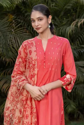 Red-Orange Embroidered Kurta