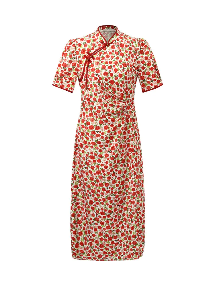 Red Rose Print Cheongsam Women Qipao Midi Dress