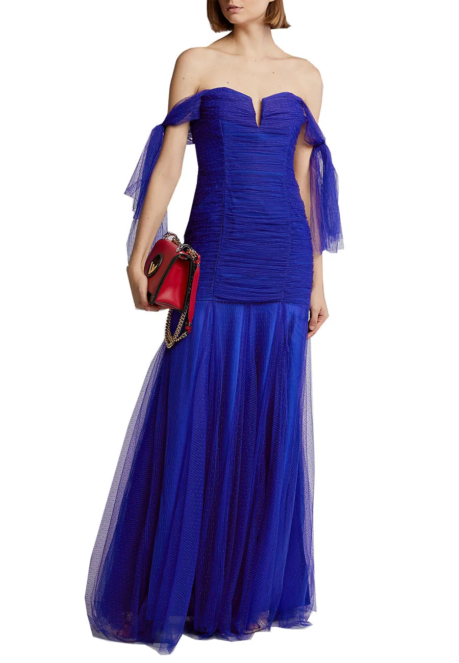 Royal Blue Good Vibes Off Shoulder Plunging Gown (UK 8)