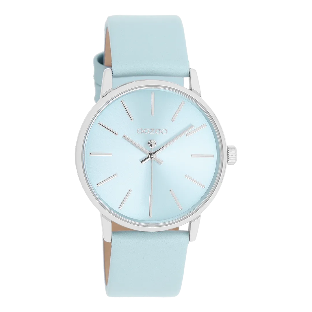 Silver coloured OOZOO watch with light blue leather strap - C11369