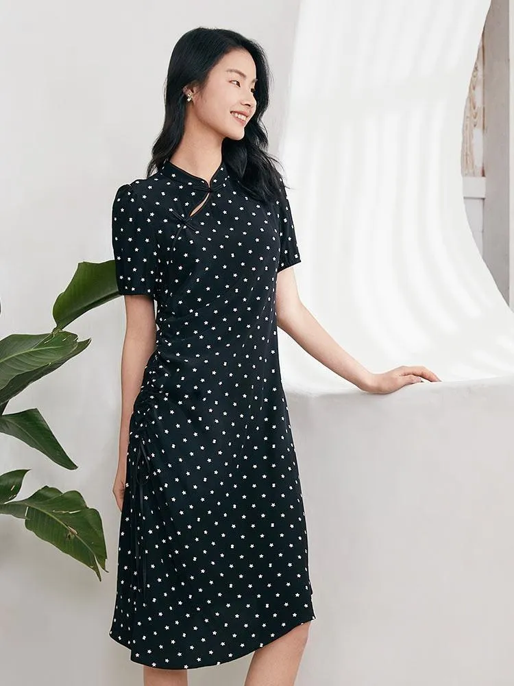 Star Printed Asymmetric Hem Cheongsam Qipao Midi Dress