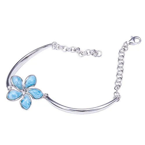 Sterling Silver 20mm Plumeria with Larimar Inlay Bracelet