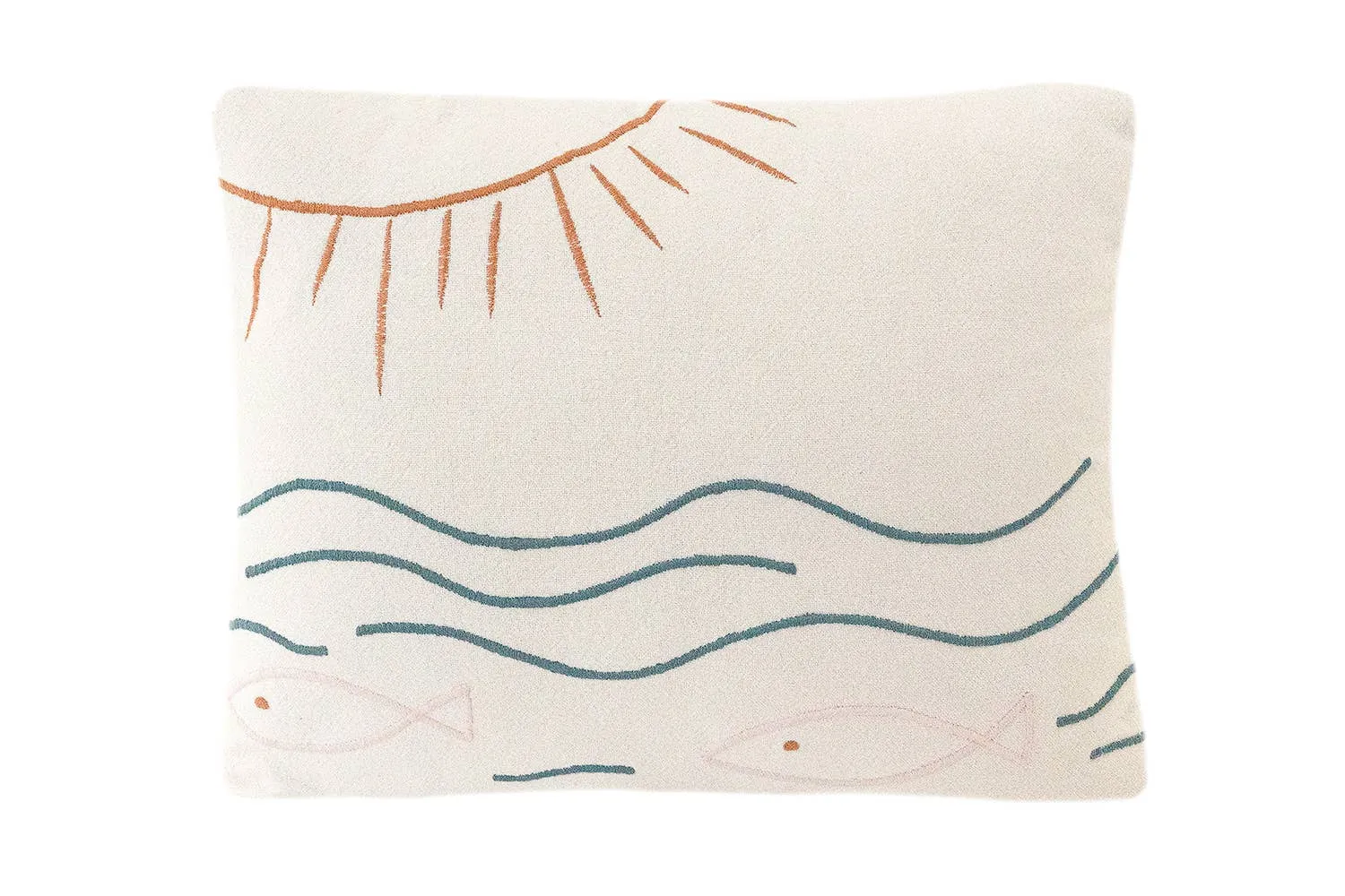 Sun, Fish   Ocean Embroidered Cotton Pillow