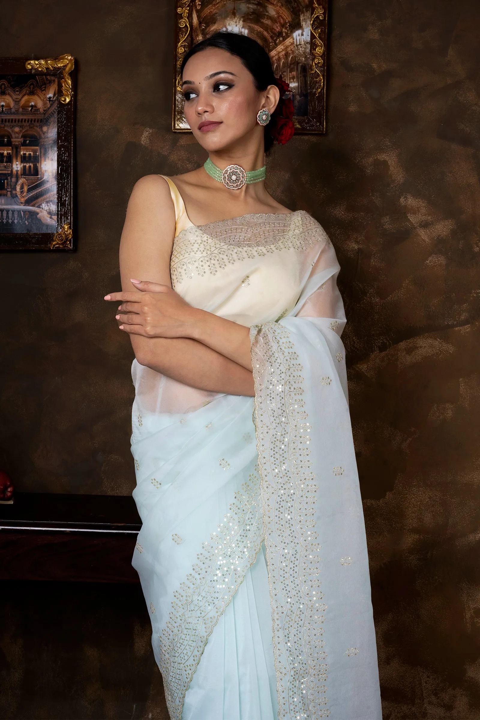 Teejh Aleykha Powder Blue Sequin Embroidery Organza Saree