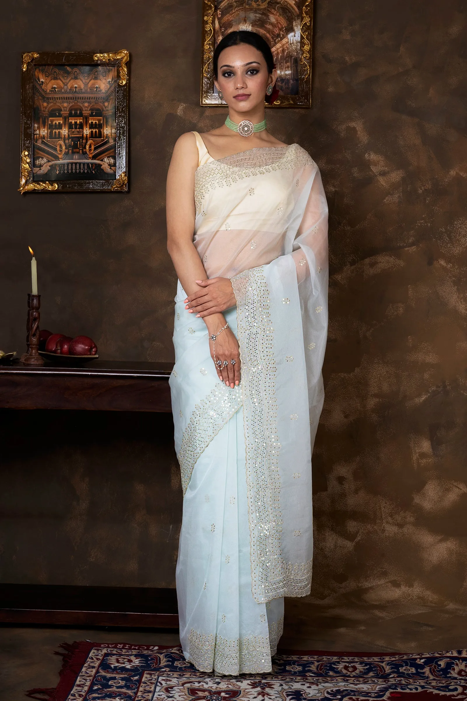 Teejh Aleykha Powder Blue Sequin Embroidery Organza Saree