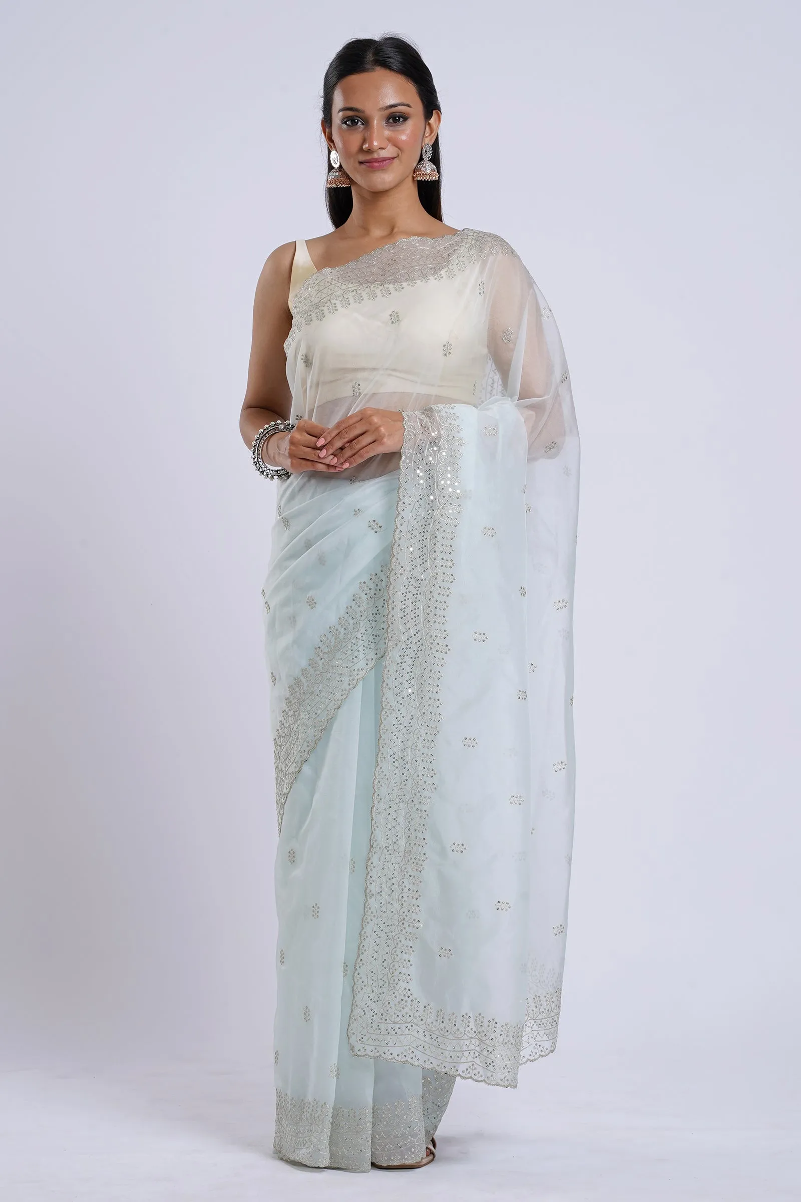 Teejh Aleykha Powder Blue Sequin Embroidery Organza Saree