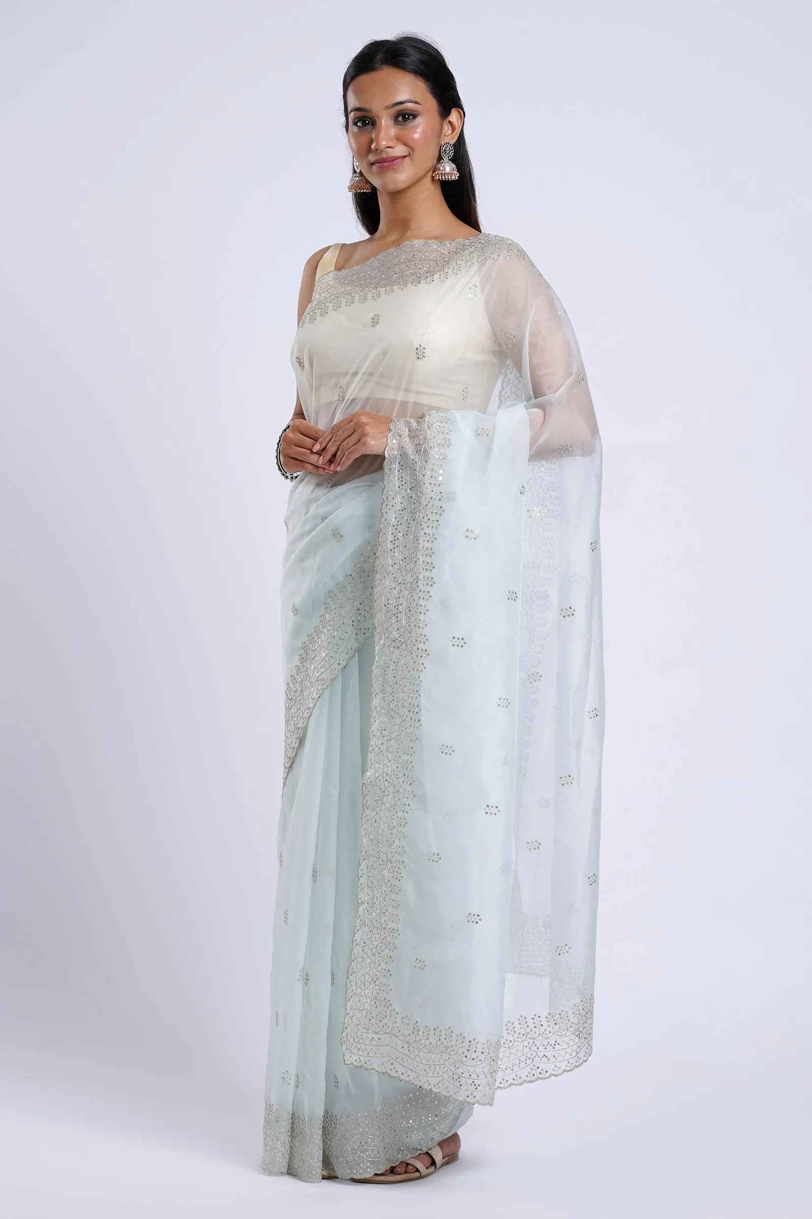 Teejh Aleykha Powder Blue Sequin Embroidery Organza Saree