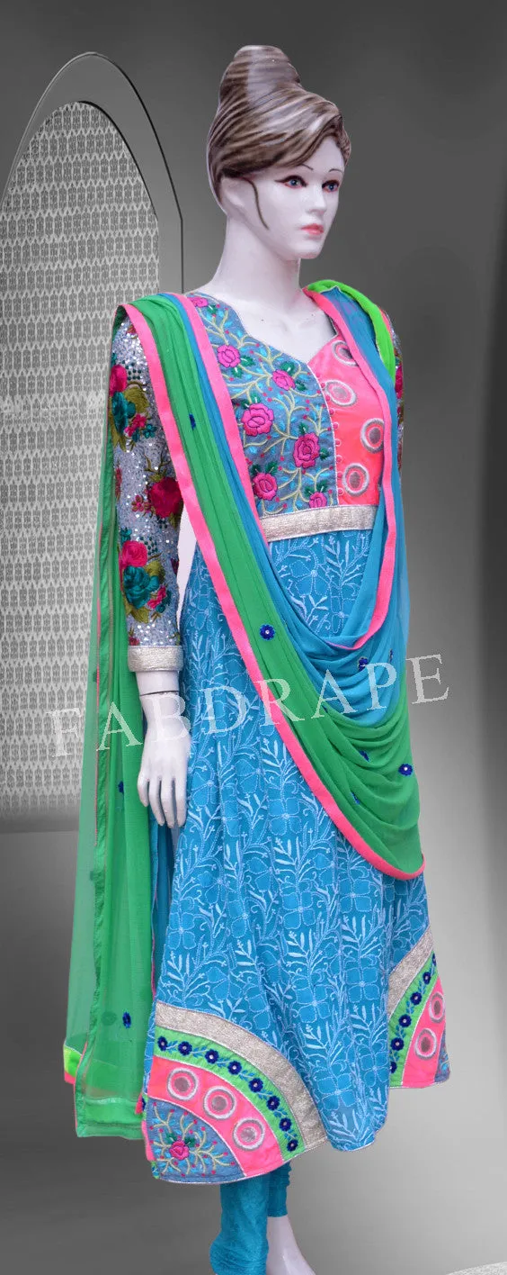 Turquoise blue chickankari embroidered pure Georgette suit #FDSKH0056_001