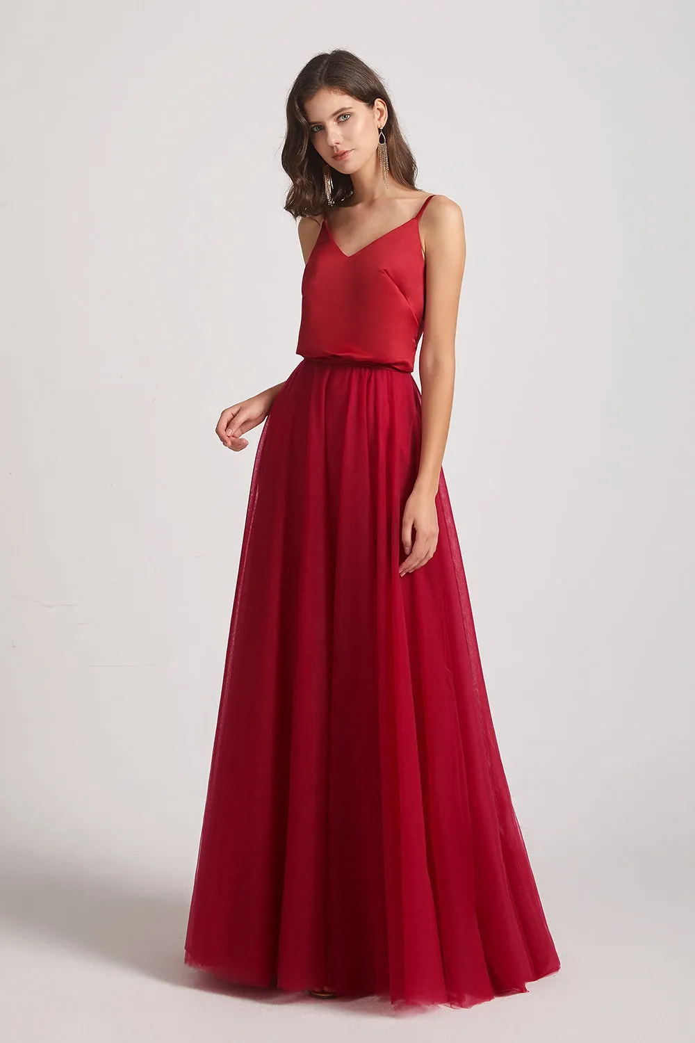 V-Neck Spaghetti Straps A-Line Satin Tulle Bridesmaid Dresses (AF0146)