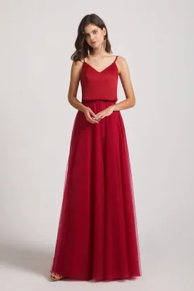 V-Neck Spaghetti Straps A-Line Satin Tulle Bridesmaid Dresses (AF0146)