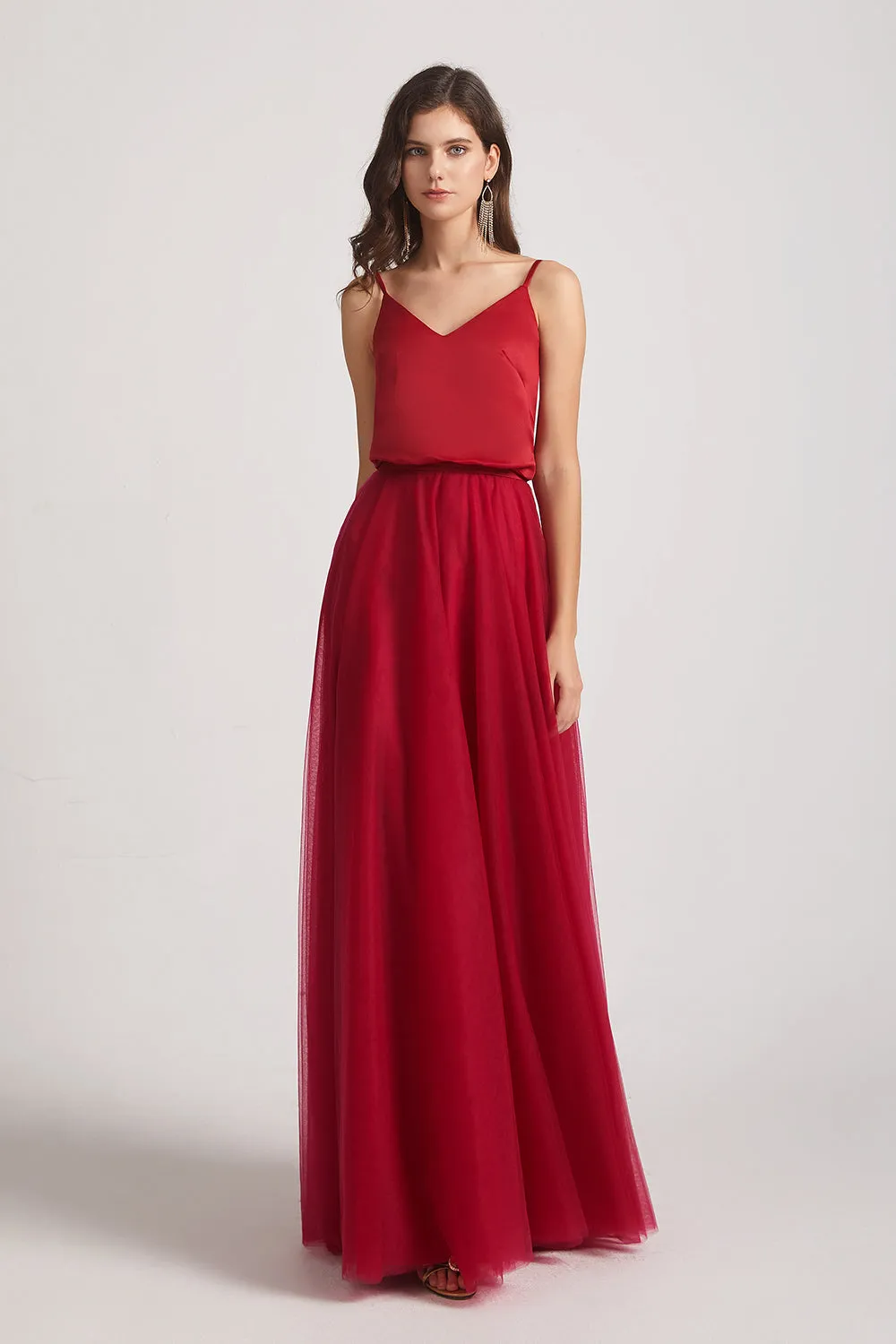 V-Neck Spaghetti Straps A-Line Satin Tulle Bridesmaid Dresses (AF0146)