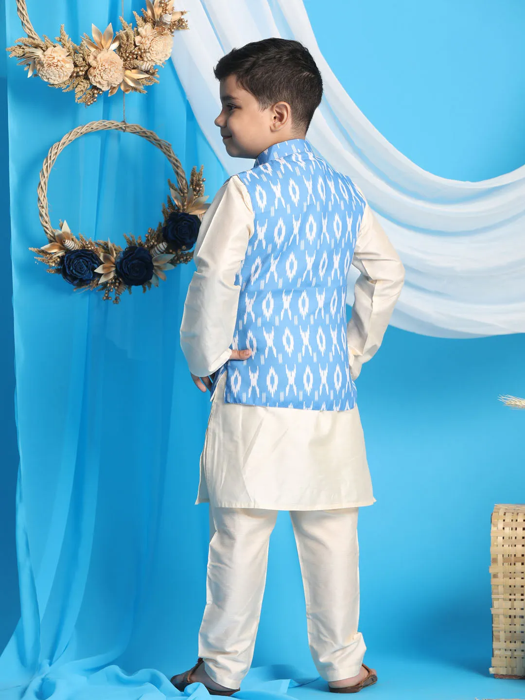 Vastramay Aqua Blue Traditional Ikkat Print Siblings Set