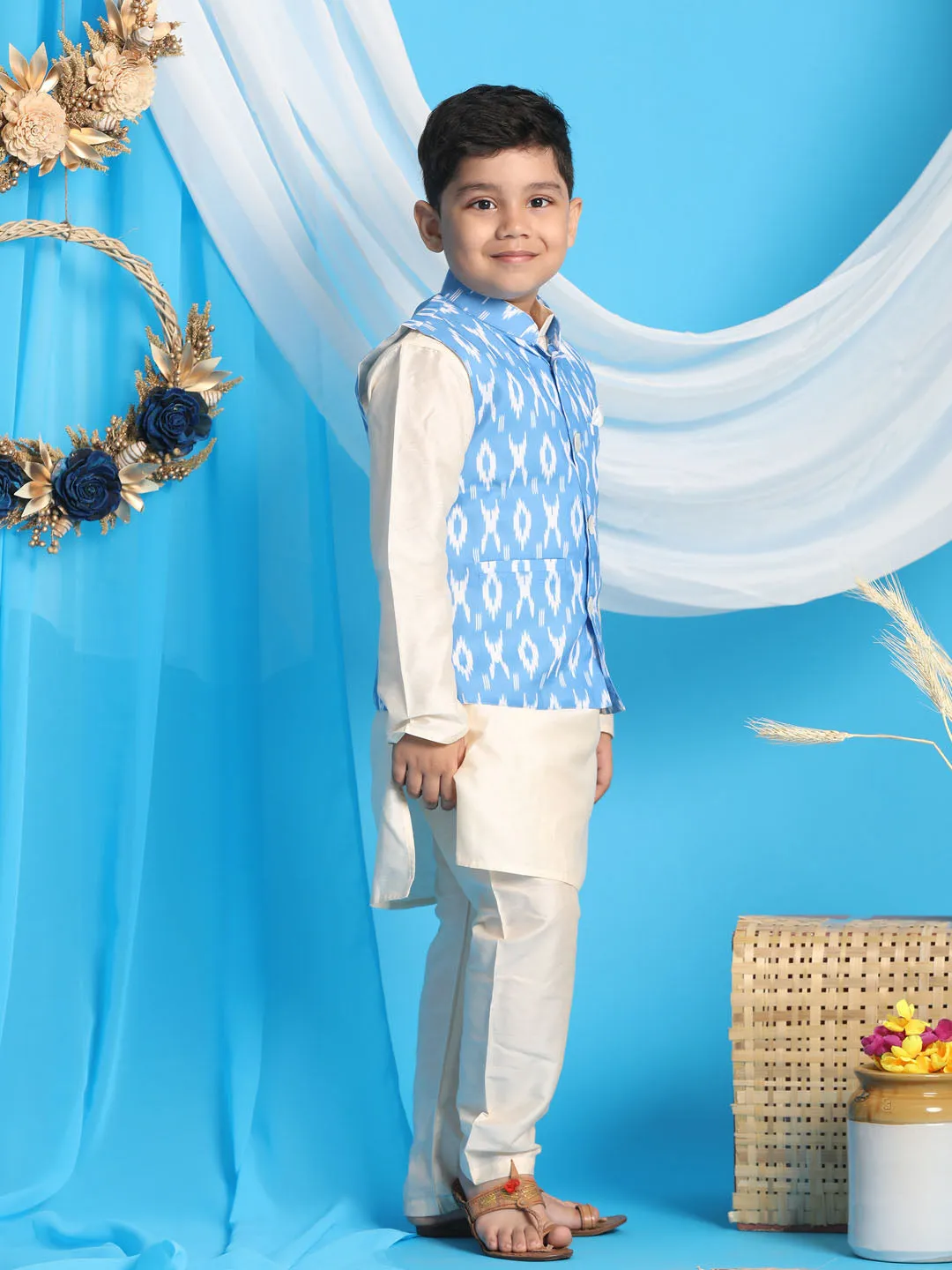 Vastramay Aqua Blue Traditional Ikkat Print Siblings Set