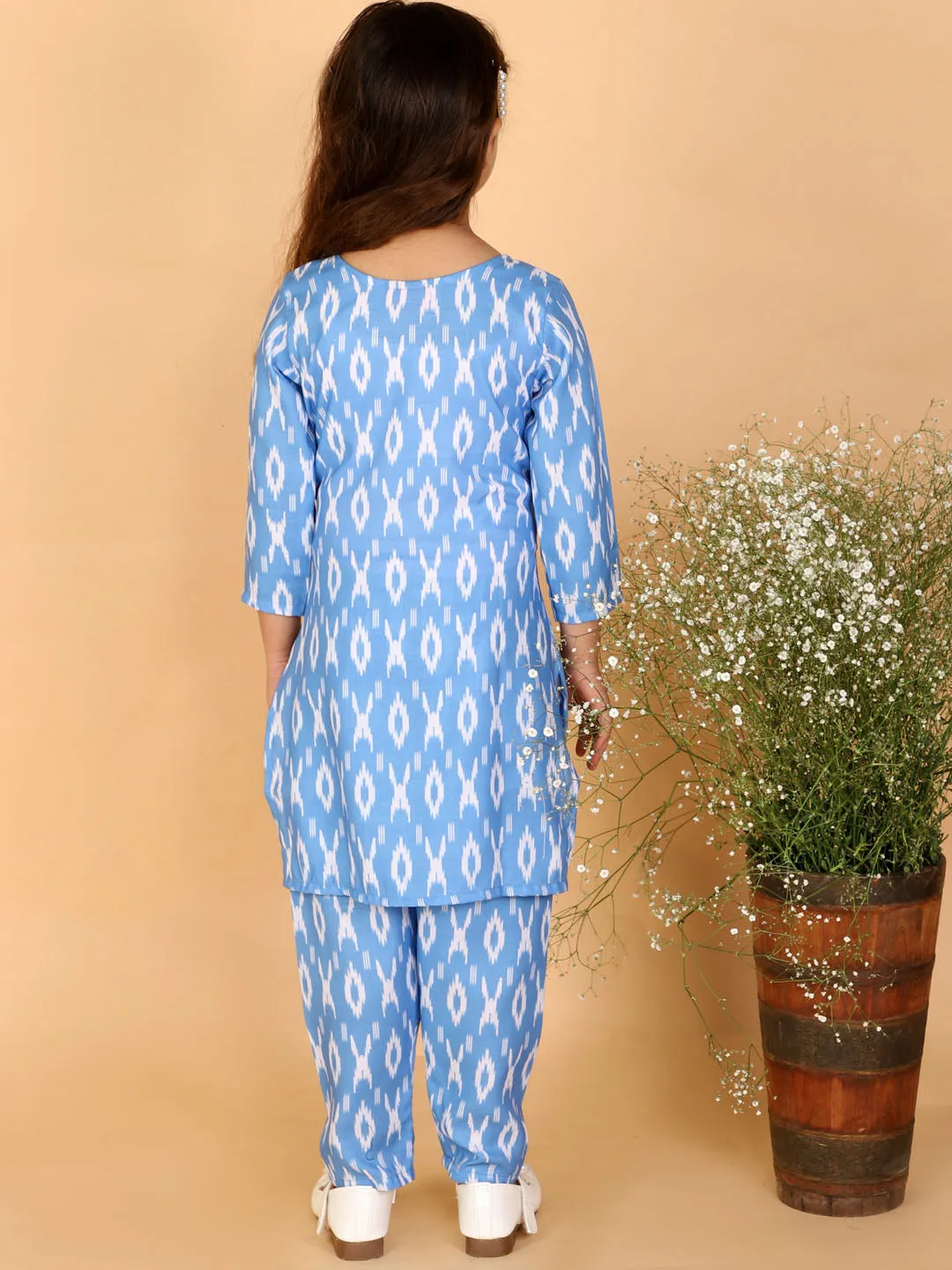 Vastramay Aqua Blue Traditional Ikkat Print Siblings Set