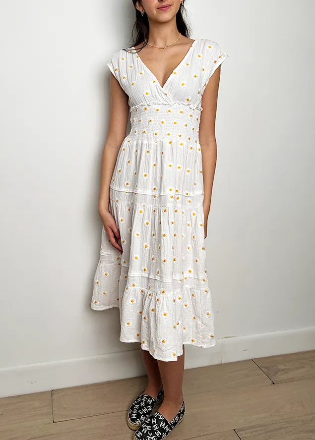 Wendy Cotton Gauze dress with hand embroidered Daisies