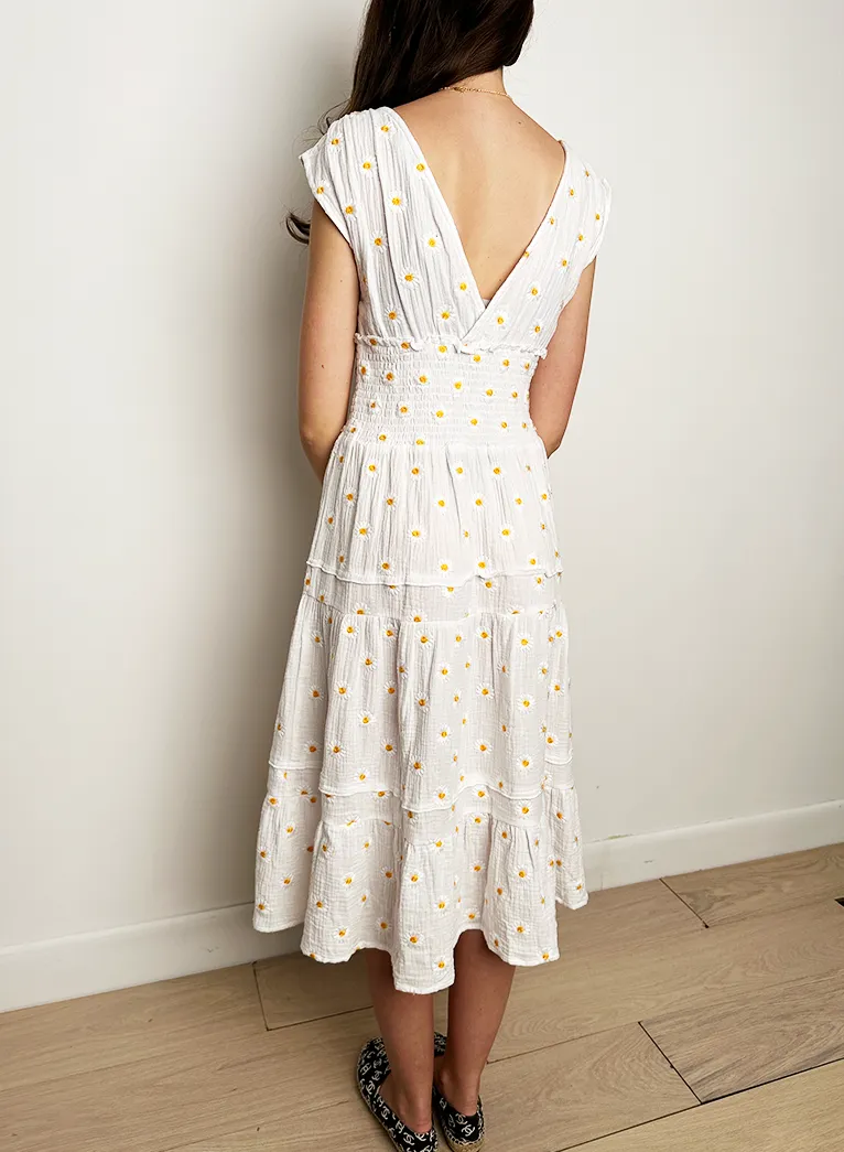 Wendy Cotton Gauze dress with hand embroidered Daisies