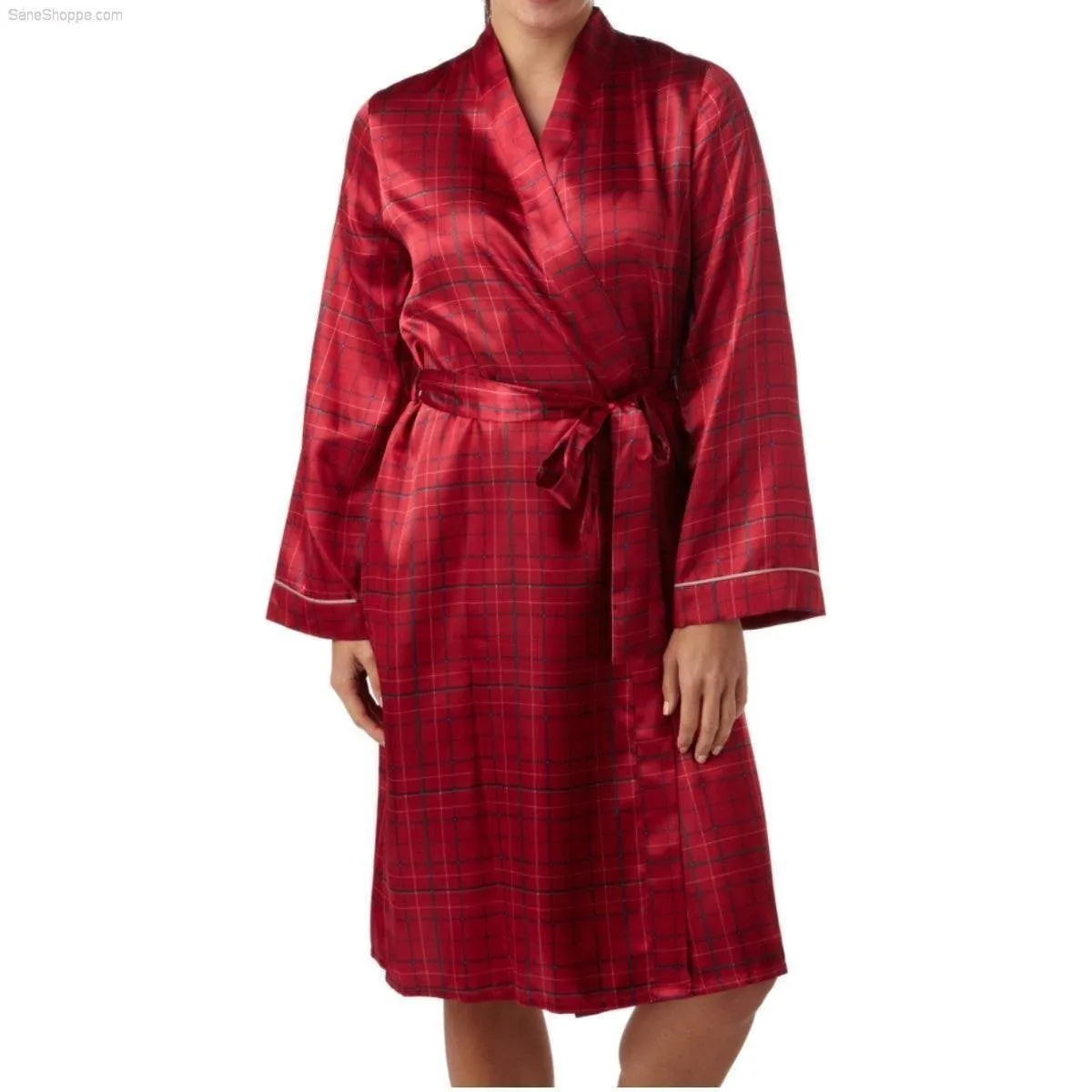 Womens Satin Dressing Gown, Kimono Silk Bathrobe Navy Red Check